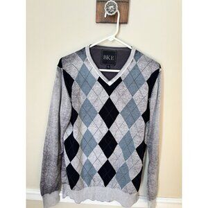 BKE Buckle Mens Size L Gray Argyle V Neck Pullover Sweater Cotton